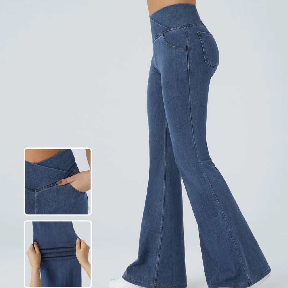 Halara Flex™ High Waisted Crossover Flare Jeans – Bleached Blue (L Regular)